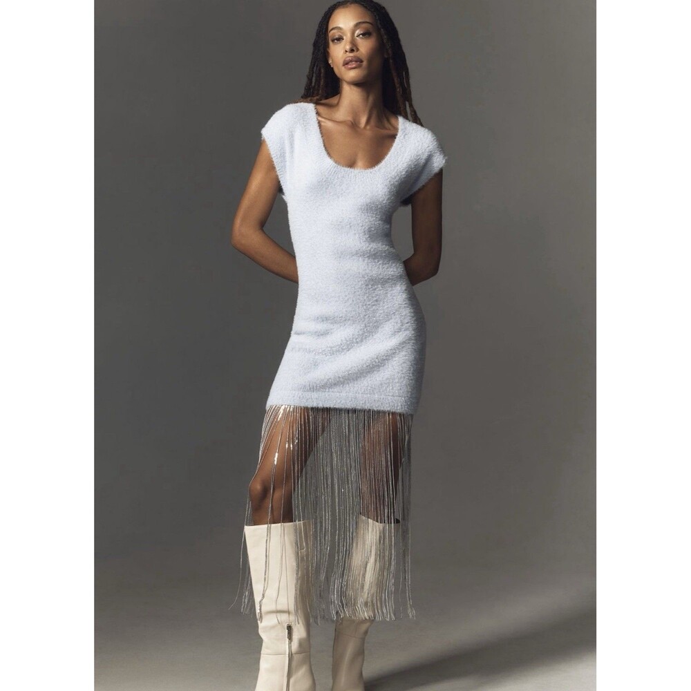 NWT Anthropologie Fringe Trim Sweater Dress Pale Blue Size Small